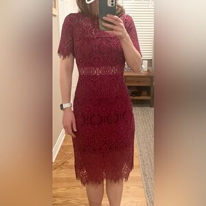 Lulu’s Remarkable Sheer Lace Short Sleeve Mini Dress, Burgundy (Size Small)